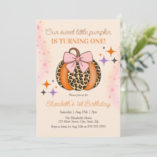 Invitation Pink Bow Leopard Little Sweet Citrouille Anniversa (Debout devant)