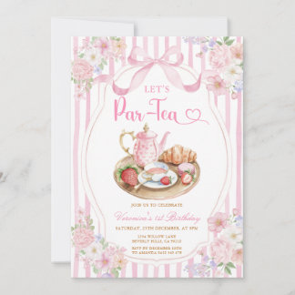 Invitation Pink Bow Let’s Par-tea Girl Birthday Stripe Floral
