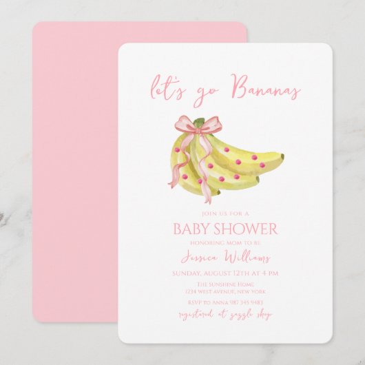Invitation Pink Bow Let's Go Bananas Baby Shower (Devant / Derrière)
