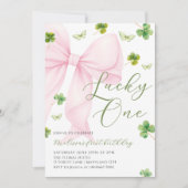 Invitation Pink Bow Lucky One Shamrock Clover 1st Birthday (Devant)