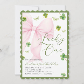 Invitation Pink Bow Lucky One Shamrock Clover 1st Birthday