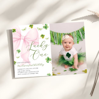 Invitation Pink Bow Lucky One Shamrock Clover 1st Birthday   