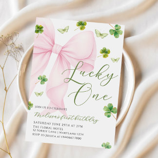 Invitation Pink Bow Lucky One Shamrock Clover 1st Birthday