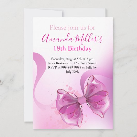 Invitation Pink bow luxe anniversaire magnétique (Devant)