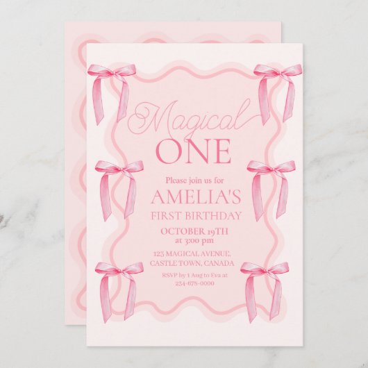 Invitation Pink Bow Magique Une fête d'anniversaire (Devant / Derrière)