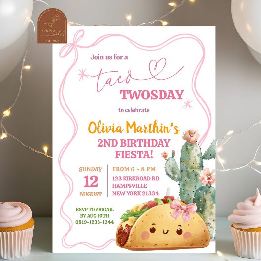 Invitation Pink Bow Mexicaine Taco Twosday 2e anniversaire fi