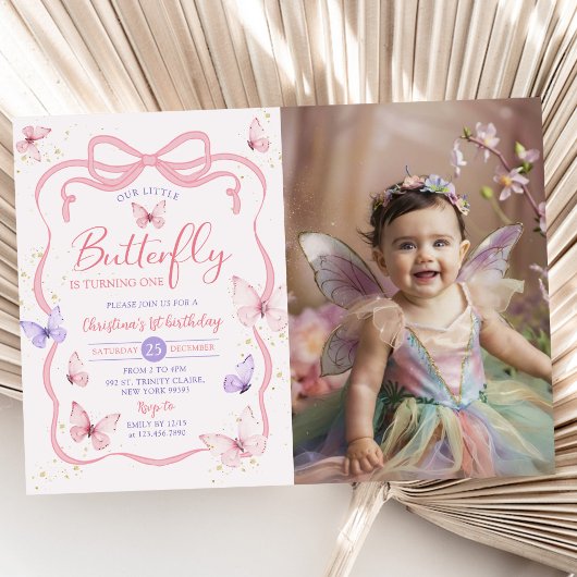 Invitation Pink Bow Notre Petit Papillon Photo Anniversaire