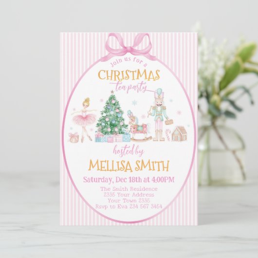 Invitation Pink Bow Nutcracker Christmas Tea Party (Debout devant)