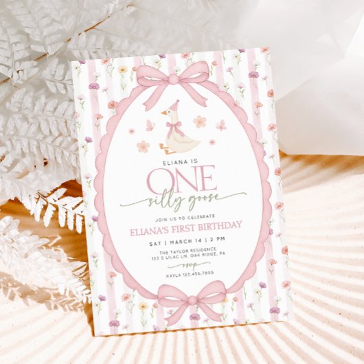 Invitation Pink Bow One Silly Goose Floral 1st Birthday