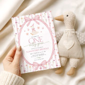 Invitation Pink Bow One Silly Goose Floral 1st Birthday
