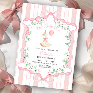Invitation Pink Bow One Silly Goose Floral Girl 1st Birthday
