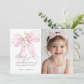 Invitation Pink Bow Onedering Floral Photo Anniversaire Merci (Debout devant)