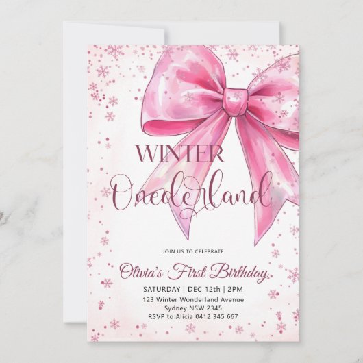 Invitation Pink Bow Onederland Christmas Birthday Party (Devant)