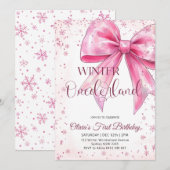 Invitation Pink Bow Onederland Christmas Birthday Party (Devant / Derrière)