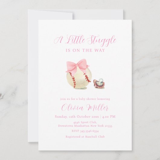 Invitation Pink Bow Pacifier Baseball Sport Girl Baby Shower (Devant)