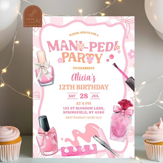 Invitation Pink Bow Pastel Retro Mani Pedi Party Birthday