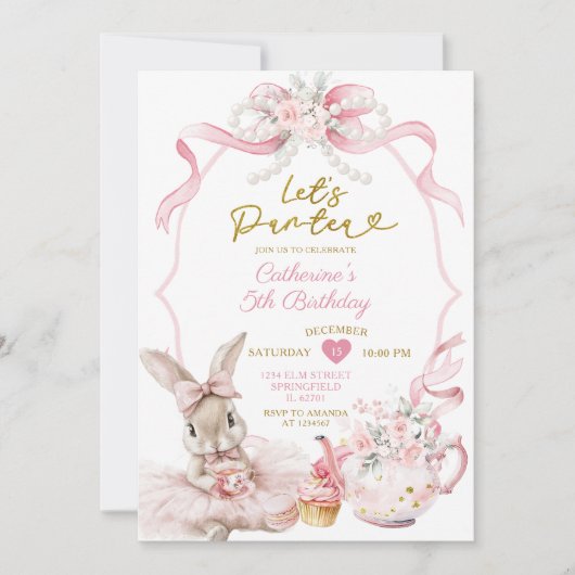 Invitation Pink Bow Pearl Let's Par-tea Bunny Girl Birthday (Devant)
