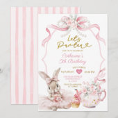 Invitation Pink Bow Pearl Let's Par-tea Bunny Girl Birthday (Devant / Derrière)