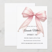 Invitation Pink bow pearls elegant Sweet 16 luxury (Devant / Derrière)