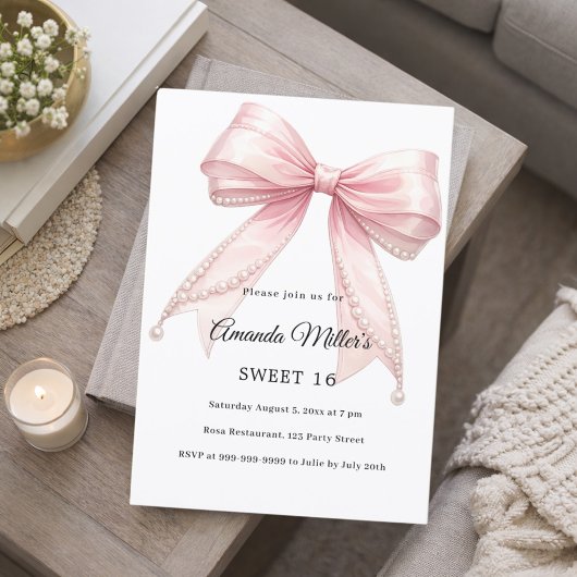 Invitation Pink bow pearls elegant Sweet 16 luxury