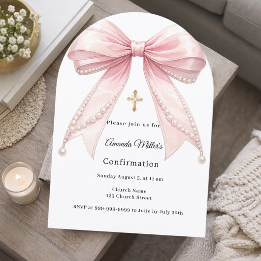 Invitation Pink bow pearls girl elegant Confirmation Arch