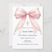 Invitation Pink bow pearls girl elegant First Communion (Devant)