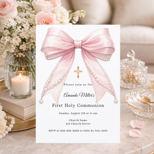 Invitation Pink bow pearls girl elegant First Communion