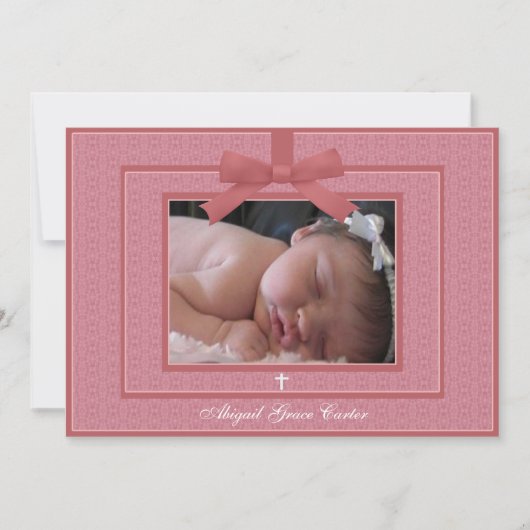 Invitation Pink Bow Pink Baby Girl Photo Christening (Devant)