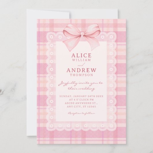 Invitation Pink bow plaid wedding (Devant)