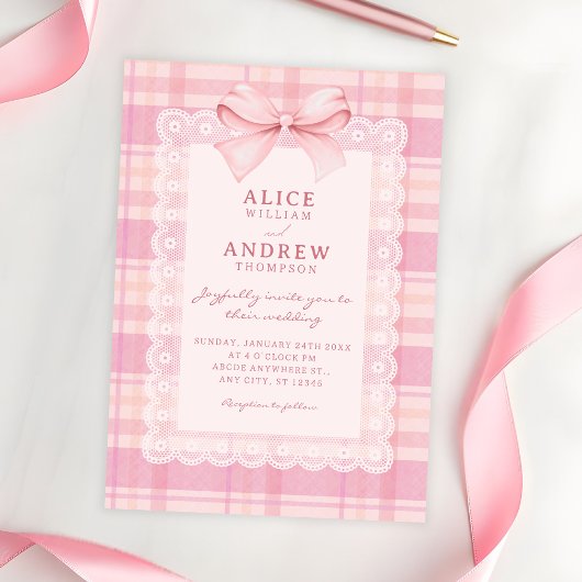 Invitation Pink bow plaid wedding