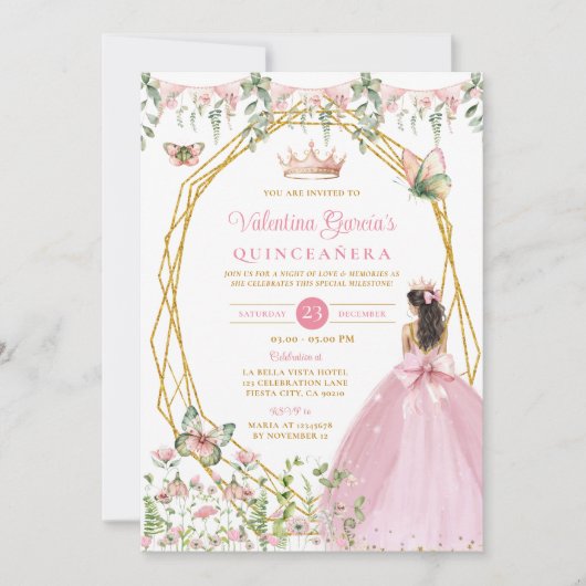 Invitation Pink Bow Princess Quinceañera Butterfly Garden (Devant)
