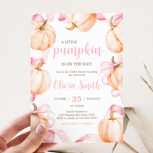 Invitation Pink Bow Pumpkin Baby Shower
