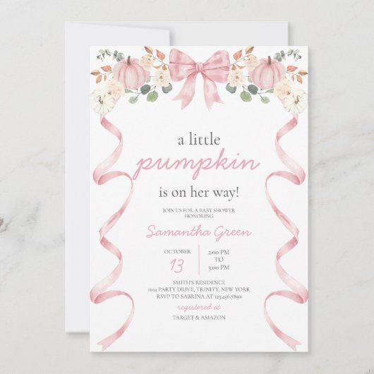 Invitation Pink Bow Pumpkin Baby Shower (Devant)