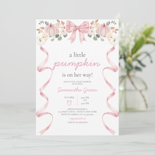 Invitation Pink Bow Pumpkin Baby Shower (Debout devant)