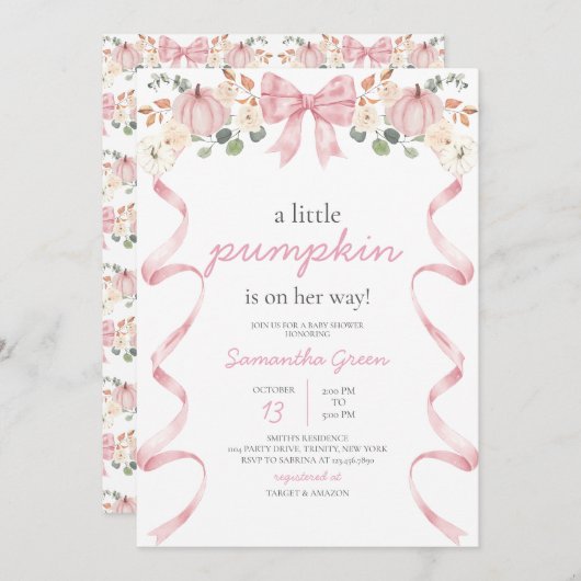 Invitation Pink Bow Pumpkin Baby Shower (Devant / Derrière)