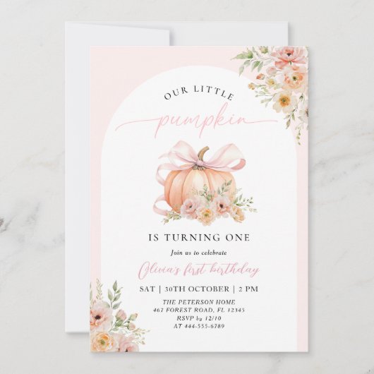 Invitation Pink Bow Pumpkin Floral First Birthday (Devant)