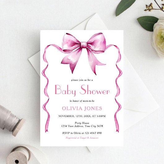 Invitation Pink Bow ribbon Baby Shower