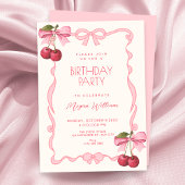 Invitation Pink bow ribbon cherry birthday