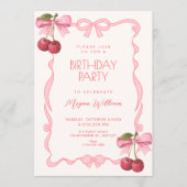 Invitation Pink bow ribbon cherry birthday (Devant)
