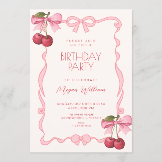Invitation Pink bow ribbon cherry birthday (Devant)