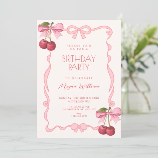 Invitation Pink bow ribbon cherry birthday (Debout devant)