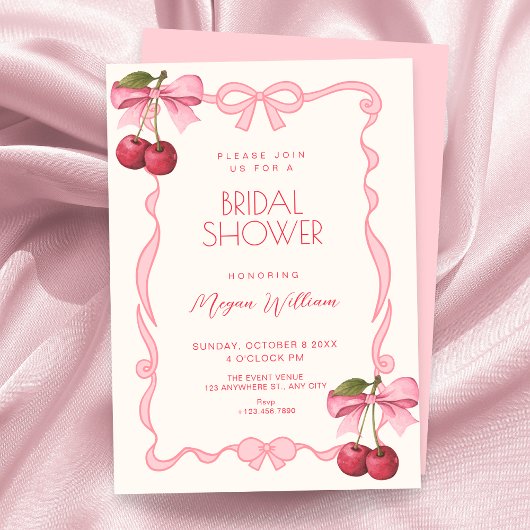 Invitation Pink bow ribbon cherry bridal shower