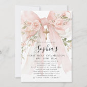 Invitation Pink Bow Rose Floral Girl First Communion (Devant)