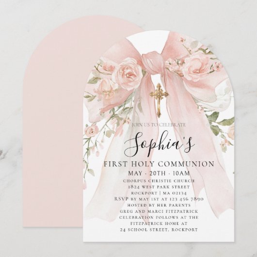 Invitation Pink Bow Rose Floral Girl First Communion Arch (Devant / Derrière)