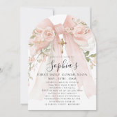Invitation Pink Bow Rose Floral Girl First Communion Arch (Devant)