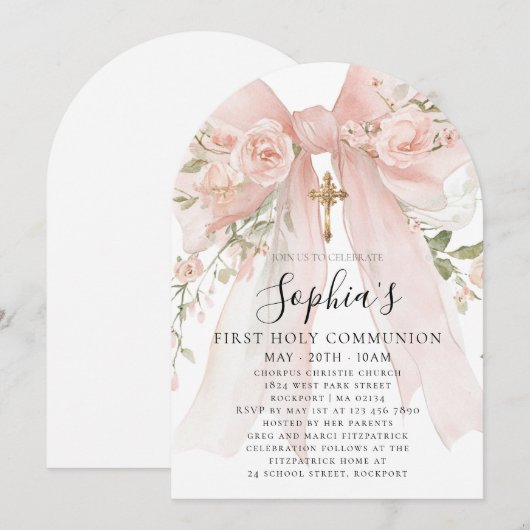 Invitation Pink Bow Rose Floral Girl First Communion Arch (Devant / Derrière)