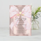 Invitation Pink Bow Rose Gold First Holy Communion   (Debout devant)