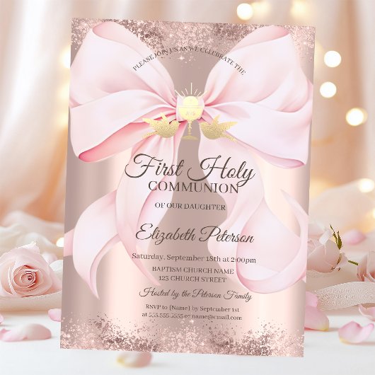 Invitation Pink Bow Rose Gold First Holy Communion  
