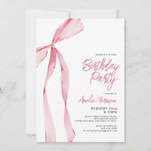 Invitation Pink Bow Ruban fête d'anniversaire Script (Devant)