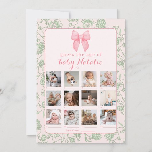 Invitation Pink Bow Sage Green Baby Girl Douche Jeu (Devant)